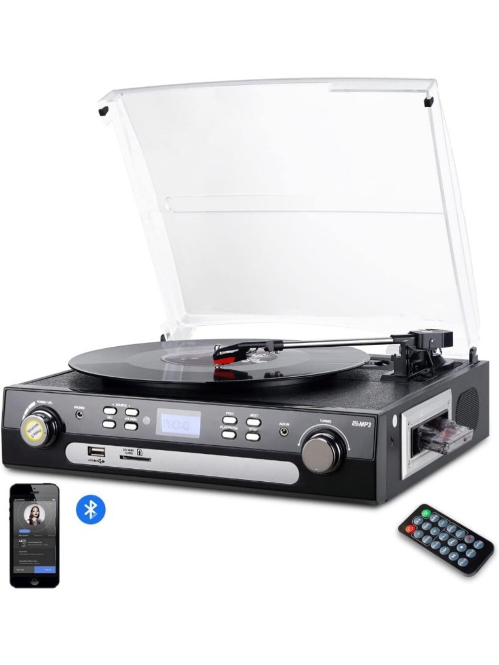 7-in-1 Bluetooth Turntable & Record Player with Speakers, Cassette, AM/FM Radio